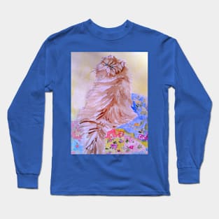 Cat On A Patchwork Quilt Watercolor Art Painting Long Sleeve T-Shirt